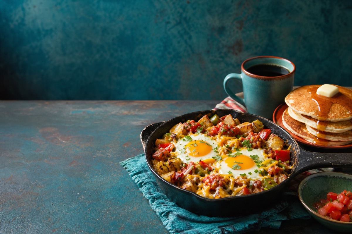 Fresh diner breakfast with eggs, beans, potatoes, tortillas and salsa